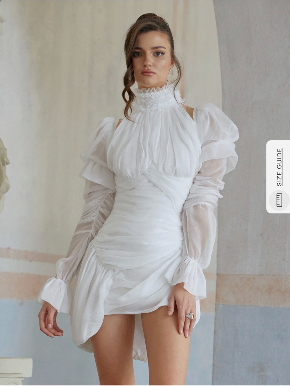 White High-Neck Puff-Sleeve Mini Dress by